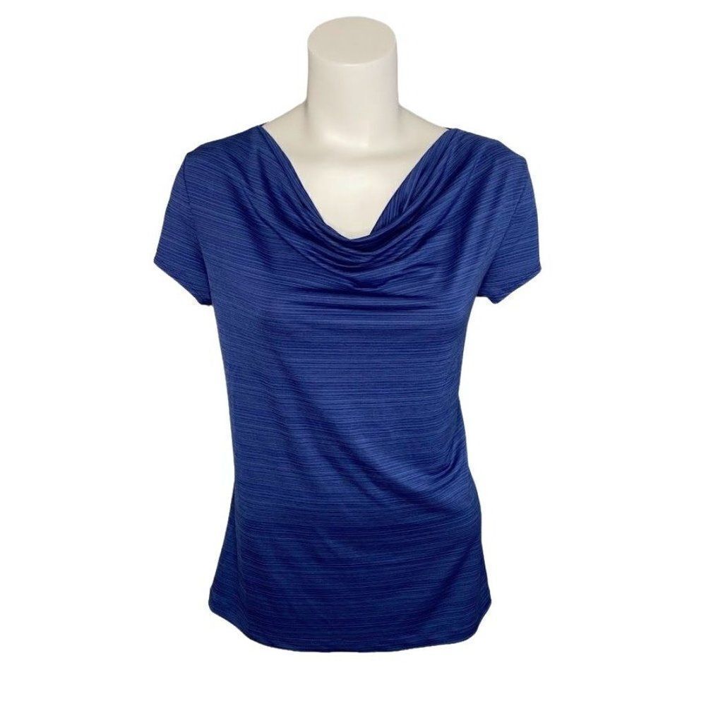 SUSAN LAWRENCE Blue Stripe Cowl Neck Stretch Knit Top sz Medium